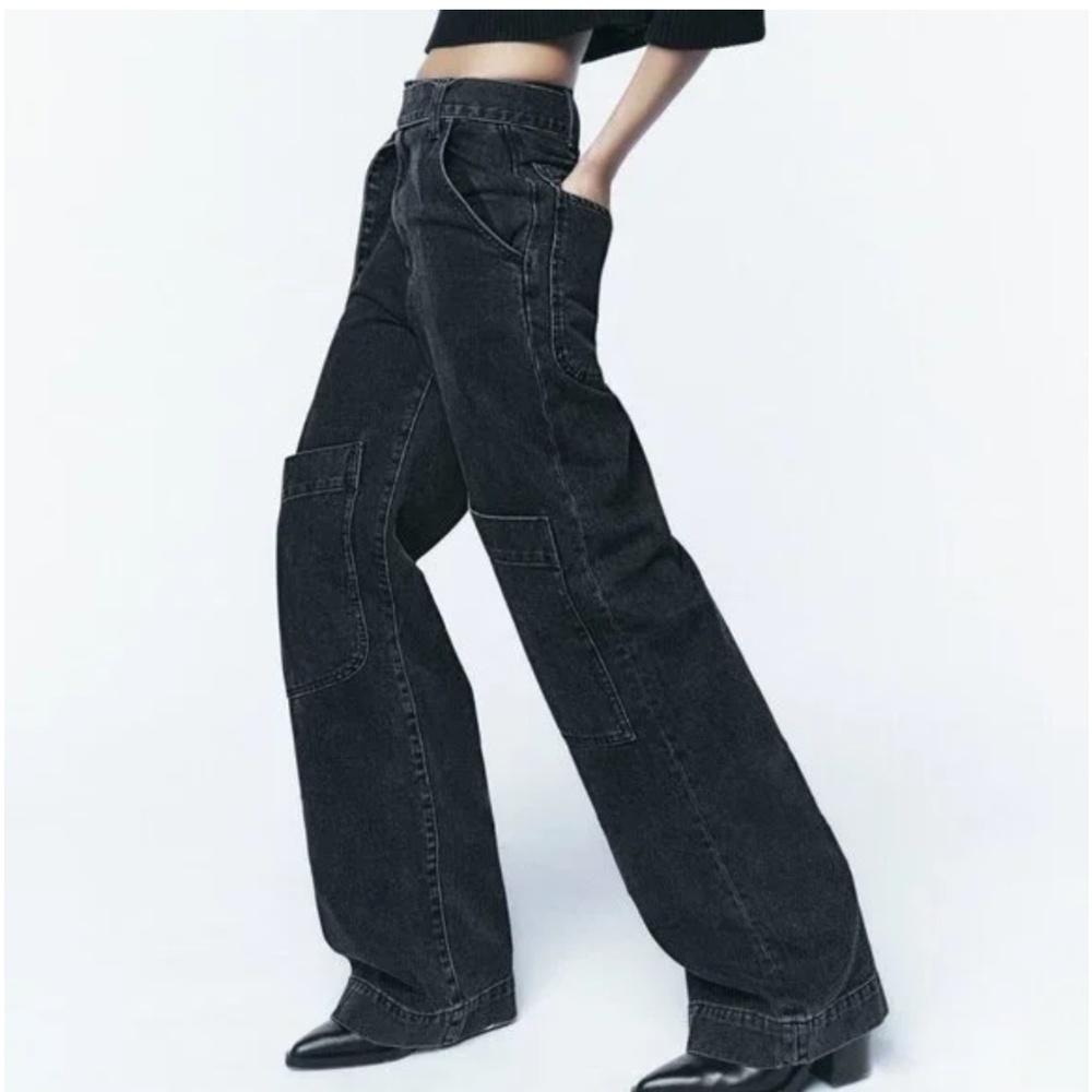 Zara The Belted Denim Jeans ZW with Front Patch Pockets